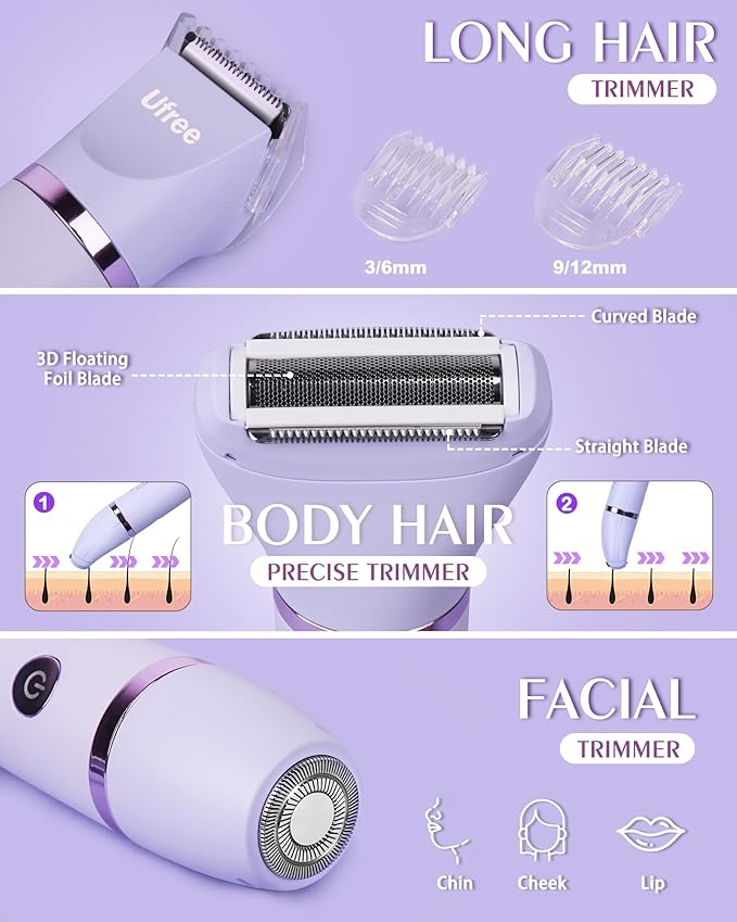 Ufree Bikini Trimmer Electric Razors for Women, Rechargeable Pubic Body Hair Trimmer Electric Shaver for Legs Body Hair, Bikini Shaver IPX7 Waterproof, Gifts for Women, Purple