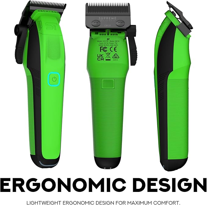 Supreme Trimmer Recharge Clipper - Professional Hair Clipper with 2 Removable Batteries, Brushless Motor, Smart Charge Stand, USB-C Charge & DLC Blades Barbers | STC779