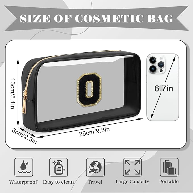 Personalized Initial Letter Clear Makeup Bag,Preppy Small Nylon&PVC Cosmetic Zipper Bag with Chenille Letter,Travel Skincare Toiletry Bag,Monogram Christmas Gift for Teen Girls Women,O