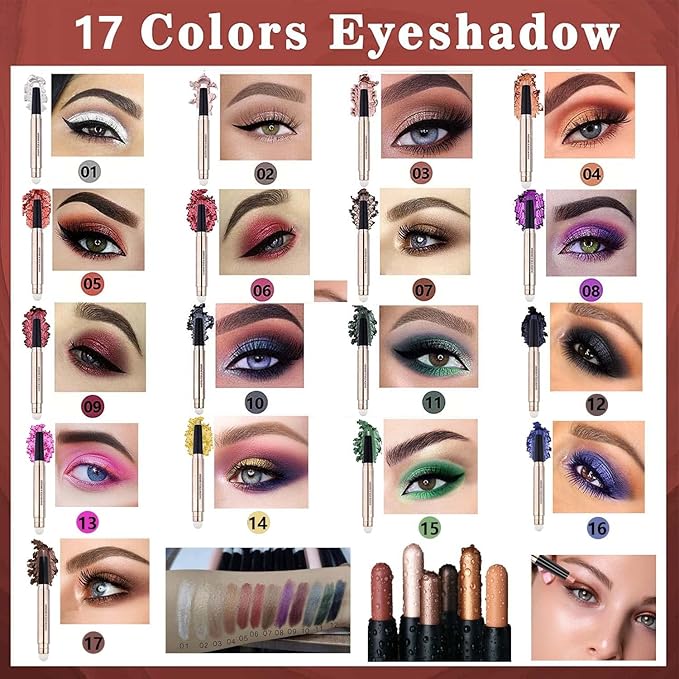 Rose Gold Eyeshadow Stick and Sponge Brush Cream Shimmer Smooth Eyeshadow Pencil Hypoallergenic Waterproof Eye Shadow Eyeliner Highlighter Stick Primer Palette Glitter Liquid Nude Korean Matte