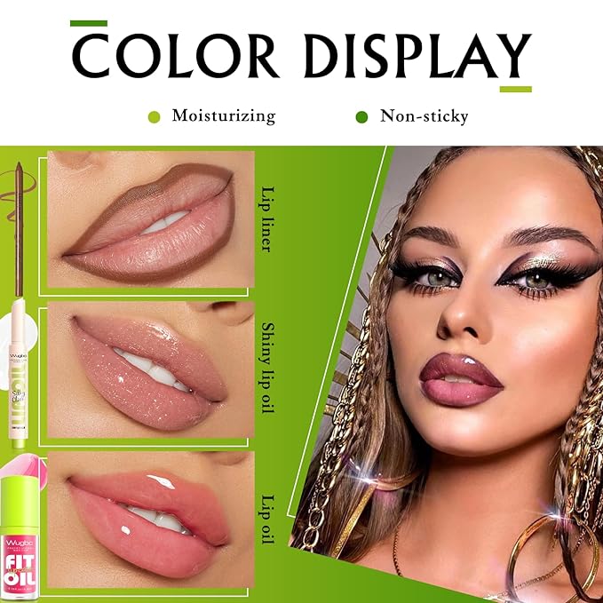 Brown Lip Liner Pink Lip Oil Gloss Click Lip Balm Clear Shimmer, Hydrating Lipstick Tinted Lip Oil for Women Makeup, Lightweight Non Sticky Liquid Lipstick Lip Liner Pencil Combo Set
