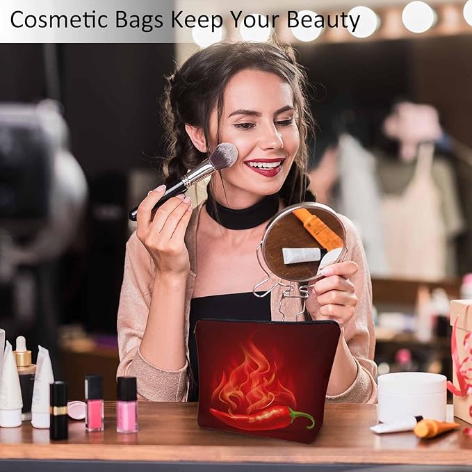 Chili Pepper Cosmetic Travel Bag For Toiletries, Fire Hot Spicy Red Chili Pepper Makeup Bag Toiletry Bags For Women, Flax Cosmetic Bags Make Up Bag Purse Toiletries Bag Birthday Gift