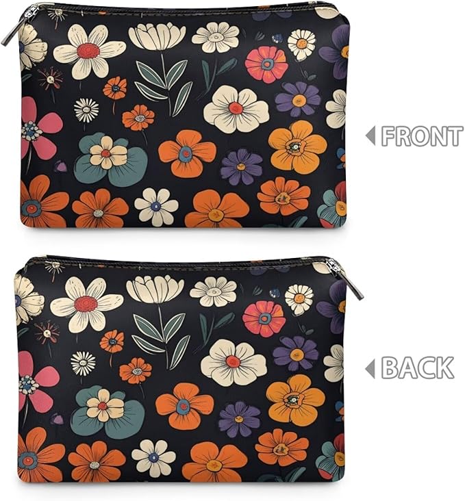 COEQINE Leather Cosmetic Purses for Women Large Capacity Floral Makeup Travel Bag With Zipper Portable Soft Pu Cosmetic Purse for Women Casual formal Wedding Handbag Cosmetic Travel Storage Bag