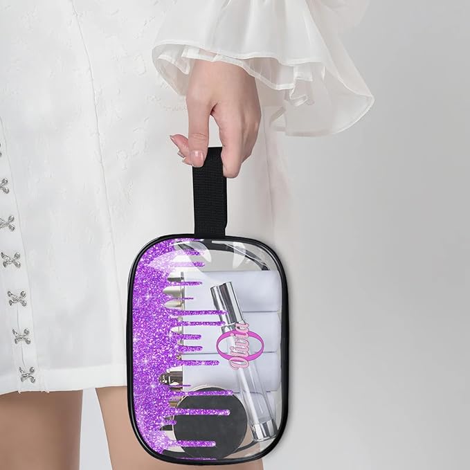 Personalized Name Clear Toiletry Bag, Large Travel PVC Cosmetic Bag Portable Makeup Organizer Bag for Women Bathroom Shower Essentials, Dark Voilet Purple Fluid Shape Glittering