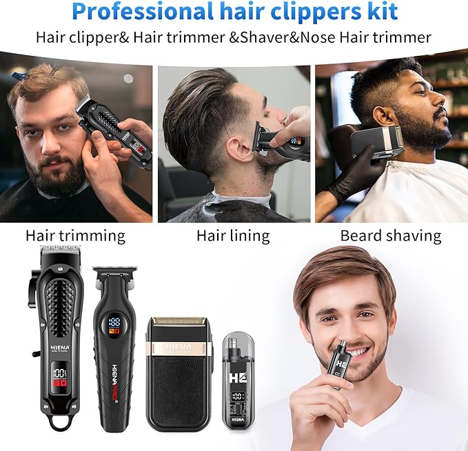 HIENA PRO Professional Cordless Hair Clippers for Men, Beard Trimmer & Elecatric Shaver & Nose Hair Trimmer Set, Rechargeable Barber Hair Cutting Grooming Kit