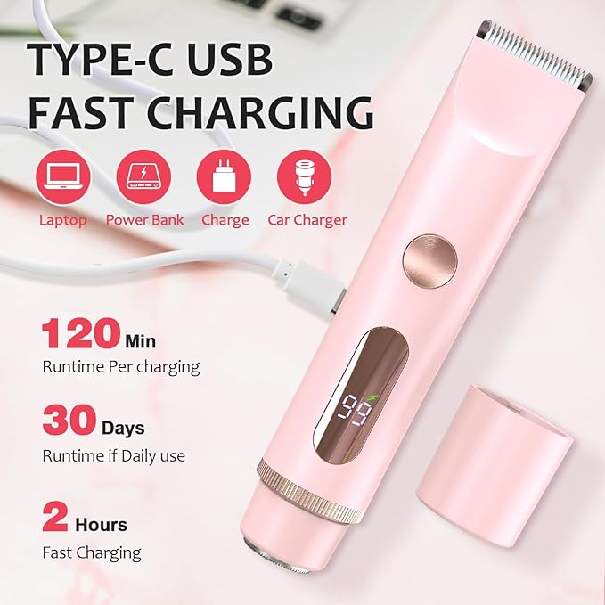 Bikini Trimmer for Women,IPX7 Waterproof Rating for Wet and Dry Use,Rechargeable,Electric Razors for Women,2 in 1 Dual Blade,for Use on The Face, Underarms, Bikini Area and Legs. (Pink)