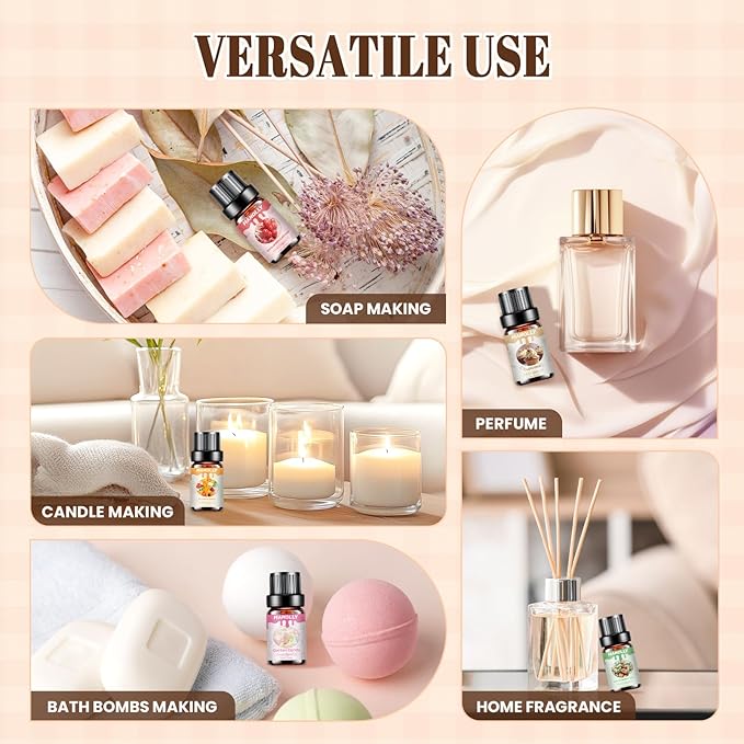 Premium Essential Oil Set, Fragrance Oil for Candle & Soap Making, Essential Oils for Diffusers for Home, Diffuser Oil Scents, Aromatherapy Scented Oils (6X10ml)