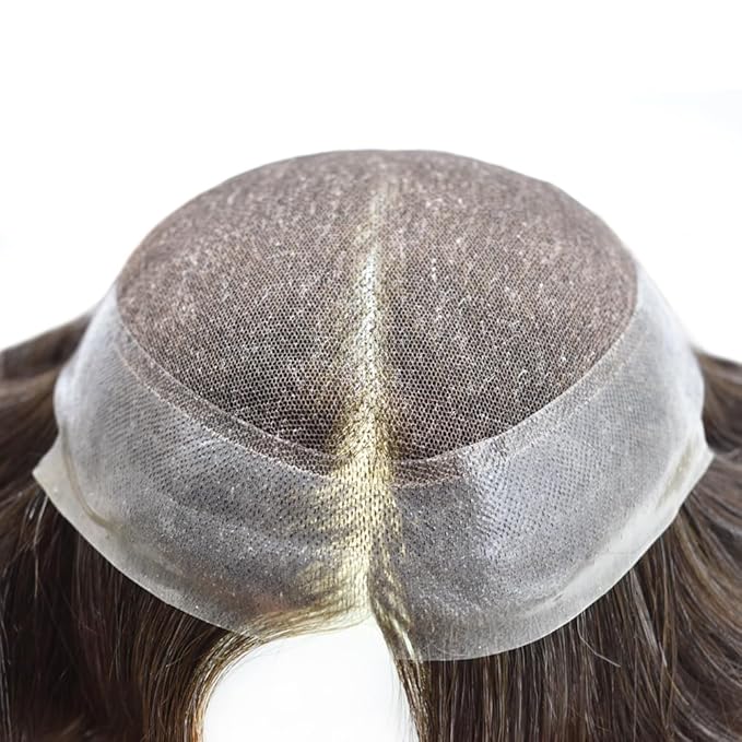 FACE MIRACLE Toupee for Men French Lace Hairpiece Human Hair Replacement System Skin PU Mens Toupee Hair Wigs for Man V-Looped Front Hair Prosthesis 6"X9" #330 3# DARK BROWN WITH 30% SYNTHETIC GREY