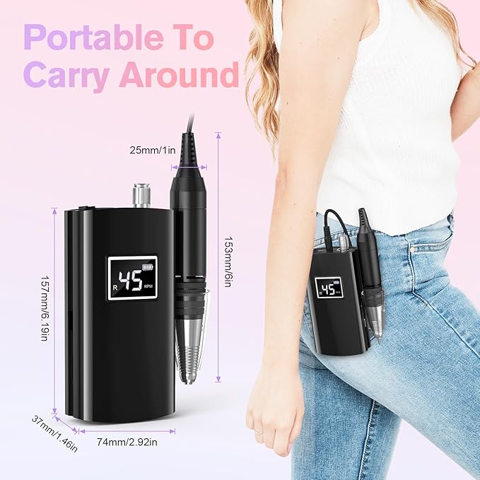 Beloving Portable Nail Drill Professional, 45000RPM Rechargeable Nail Drill Electric File Machine for Acrylic Gel Polish Remover, Cordless Nail Kit for Manicure Pedicure with 11 Bits for Salon (Black)