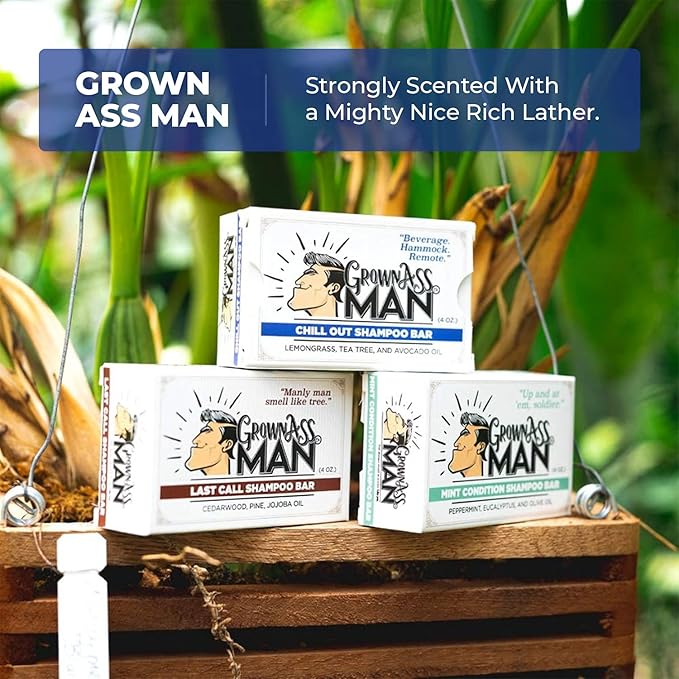 Grown Ass Man Co. - Solid Shampoo Bar Rich Lather 3 in 1: Hair, Beard & Body Wash - Plastic Free & Eco-Friendly, Natural & Organic Clean for All Hair Types, 4oz Bar (Chill Out, 6-Pack)