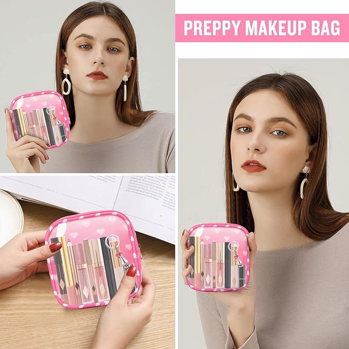 Mini Clear Travel Makeup Organizer Bag for Purse, Small Cute Preppy Pink Makeup Bag Cosmetic Zipper Pouch Purse, Transparent PVC & Nylon Waterproof Toiletry Storage Clutch for Women Girls(Pink Heart)