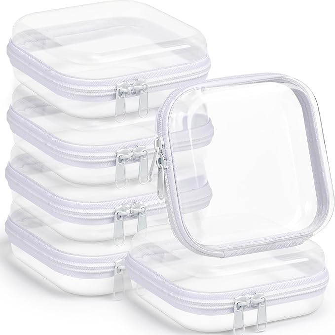 Sanwuta 6 Pcs Clear Hard Zipper Case Hard Plastic Zipper Pouches Makeup Bag Pencil Pouches Transparent Cases for Snacks Plastic Storage Organizer Box for Travel(White,5 x 5 x 2 Inch)