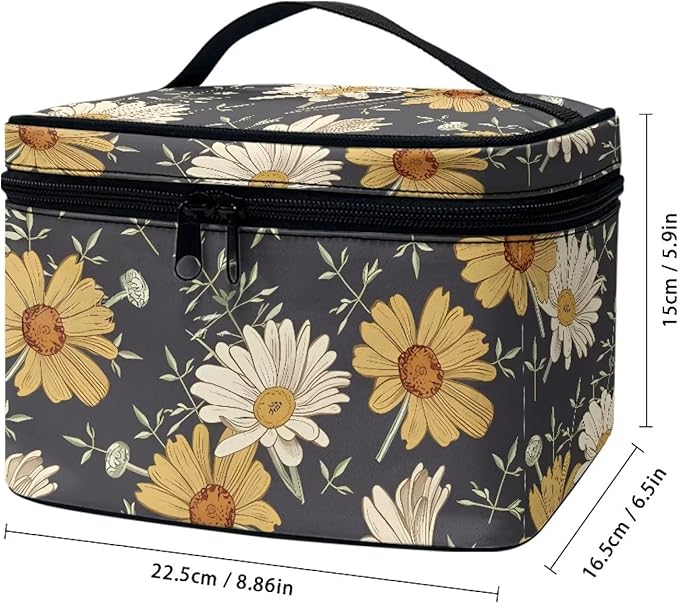 Cottagecore forest Daisy Flower Pattern Travel Makeup Bag for Women,Multifuntional Makeup Organizer,Large Capacity Cosmetic Bag,Toiletry Bag for Women with Zipper and Portable Handle