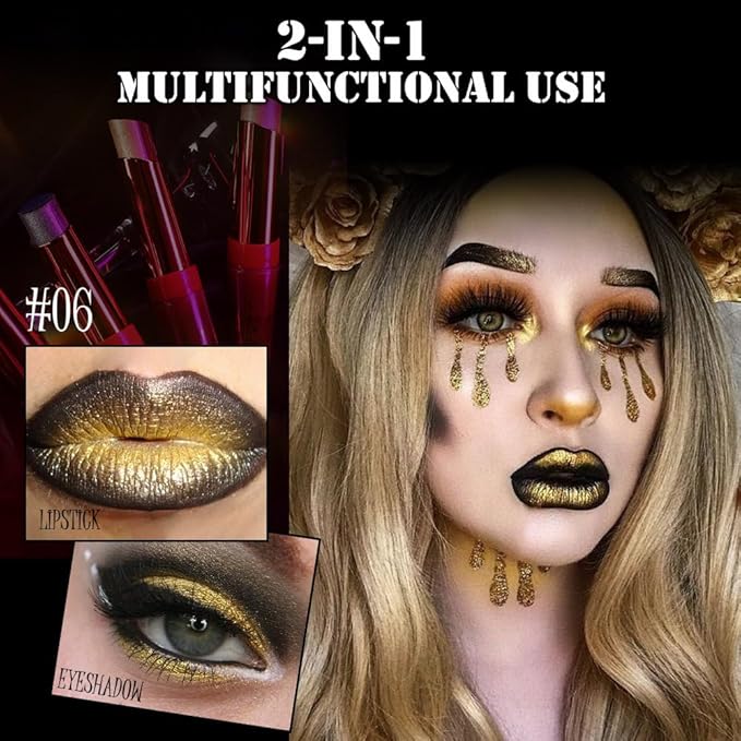 AMY'S DIARY Shimmer Gold Black Lipstick Long Lasting Metallic Lip Liner Shimmer for Women Makeup Double Colors Eyeshadow Stick Hydrating Highly Pigmented Coverage Non Stick Cup Lips makeup