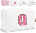 Small Personalized Glitter Initial Letter Makeup Bag, Cute PU Leather Chenille Letters Cosmetic Bag Travel Makeup Pouch, Preppy Travel Organizer Zipper Pouch for Women&Girls（WhiteRosePink-Q）
