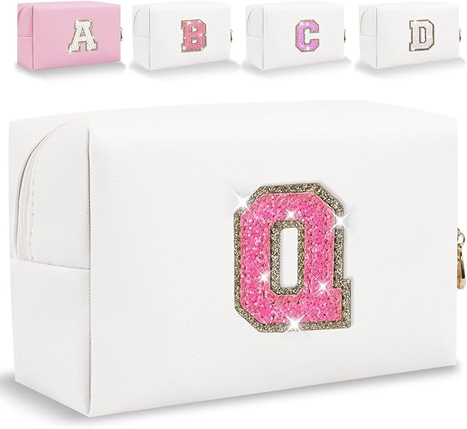 Small Personalized Glitter Initial Letter Makeup Bag, Cute PU Leather Chenille Letters Cosmetic Bag Travel Makeup Pouch, Preppy Travel Organizer Zipper Pouch for Women&Girls（WhiteRosePink-Q）