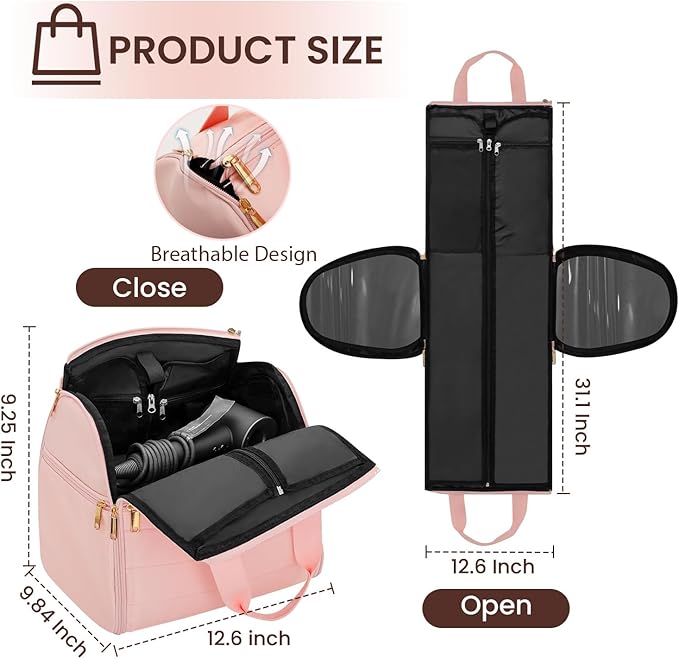 Wig Storage Bag Holds 3 Wigs Hair Tools Travel Bag Full-Open Breathable Organizer Case for Clips, Hair Dryer, Flat Curling Iron Brushes,Cosmetic Toiletry Tote Christmas Gift for Women Stylist