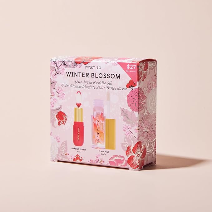 Winky Lux Winter Blossom Pink Lip Kit – Ultra Nourishing Pink Flower PH Lip Balm, Non-Sticky Hydrating Flower Petal Clear Lip Oil, Lipcare Value Set