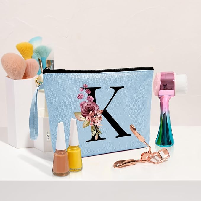 Vavabox A-Z Personalized Makeup Bag, Birthday Gifts for Women Mom, Gifts for Best Friend, Bride Bridesmaid Cosmetic bag (K, Blue)