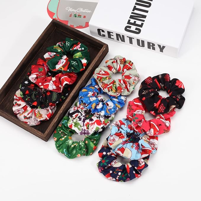 12 PCS Christmas Hair Scrunchies Snowflake Santa Christmas Tree Antlers Elk Snowman Hair Ties Soft Elastic Hair Bands for Women Girls Gifts Ponytail Holders Hair Accessories (12PCS-C-Christmas)