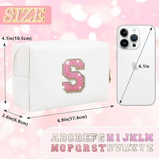 Personalized Initial Letter Makeup Bag, Small Glitter Letter Patch Cosmetic Pouch Zipper, Preppy Makeup Organizer PU Waterproof Travel Toiletry Bag,Monogrammed Birthday Gift for Women Girls(Letter S)