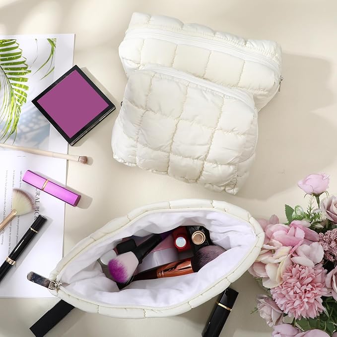 3 Pcs Puffy Makeup Bag Quilted Cosmetic Pouch for Women Cute Checkered Travel Toiletry Bag Puffer Makeup Organizer Purse Pouch Preppy Pencil Case with Zipper