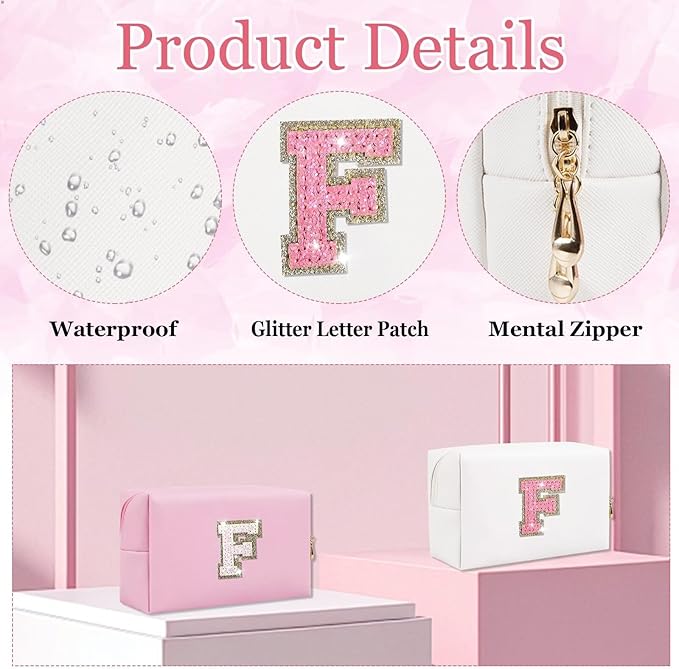 Glitter Initial Letter Makeup Bag, Small Personalized Sequins Letters PU Leather Cosmetic Bag Portable Waterproof Makeup Zipper Pouch, Shine Handbag Organizer Travel Bag Gifts for Women&Girls(White-F)