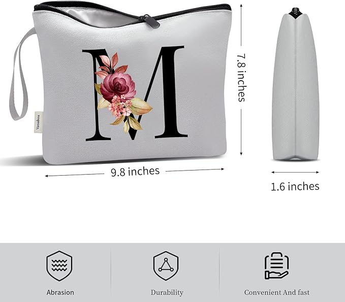 Vavabox A-Z Personalized Makeup Bag, Birthday Gifts for Women Mom, Gifts for Best Friend, Bride Bridesmaid Cosmetic bag (M, Grey)