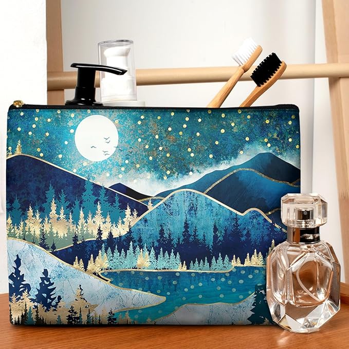 Cute Makeup Bag for Purse Waterproof Cosmetic Bags for Women Funny Smooth Zipper Travel Toiletry Pouch 10X8 Inches-Green Mountain Moon Lake Makeup pouch