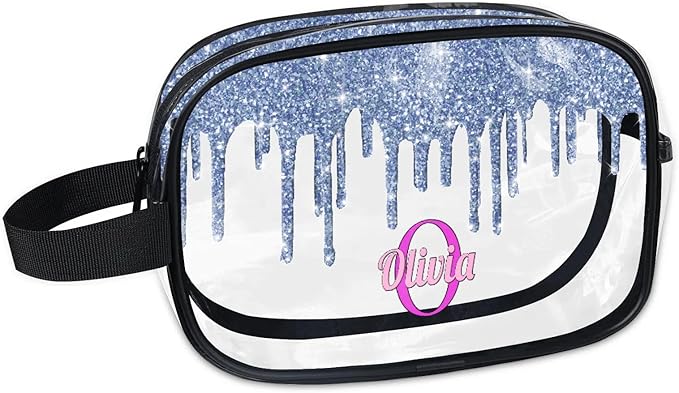 Custom Travel Clear Cosmetic Bag with Name, Personalized Large Capacity Weekend PVC Transparent Toiletry Bag Portable Bathroom Makeup Organizer, Grey Blue Water Fluid Shape Glittering