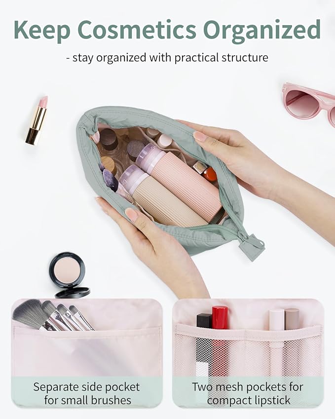 Narwey Small Makeup Bag for Travel Women Girl, Puffer Cosmetic Bag Makeup Pouch for Purse with Zipper, Cute Puffy Make Up Organizer Bags, Travel Toiletry Bag Toiletries (Sage Green)