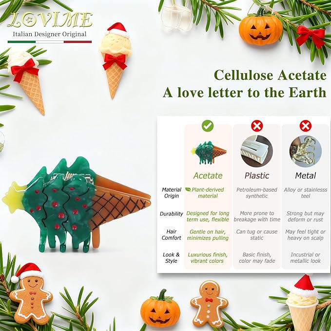 Original Italian Designed Mini Christmas Hair Claw Clips for Women, Strong Grip Plant-Based Acetate Hair Clips for Girls, Cute Christmas Tree Santa Ice Cream Hair Accessories With Gift Box 2pcs