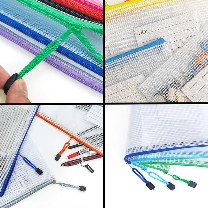AUSTARK Plastic Mesh Zipper Pouch, 12Pcs Zipper File Bags with Label Pocket, Game Boards Storage Bags, Waterproof Document Storage Bags for Office Home Travel Cosmetic (B4 Size 15x11 in)