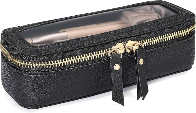 PACKISM Slim Clear Makeup Brush Bag, Pebbled Texture & Hard PU Leather Small Cosmetic Brush Holder, Mini Toiletry Bag Make up Bags with Message Card, Cute Travel Essentials Bag (Black)