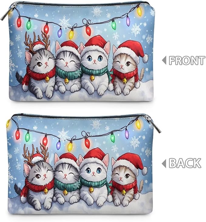 COEQINE Cute Makeup Bags for Women Christmas Cat Kawaii Cosmetic Zipper Pouch Bags with Zipper Soft Leather Makeup Brush Holder Storage Toiletry Holiday Handbag