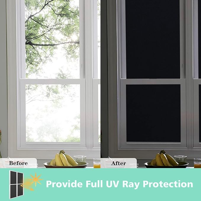 Volcanics Blackout Window Film with Installation Tools, Privacy Frosted Sun Blocking Black Window Cover Room Darkening Window Tint for Home Static Cling 100% Light Blocking 17.5 x 78.7 Inches