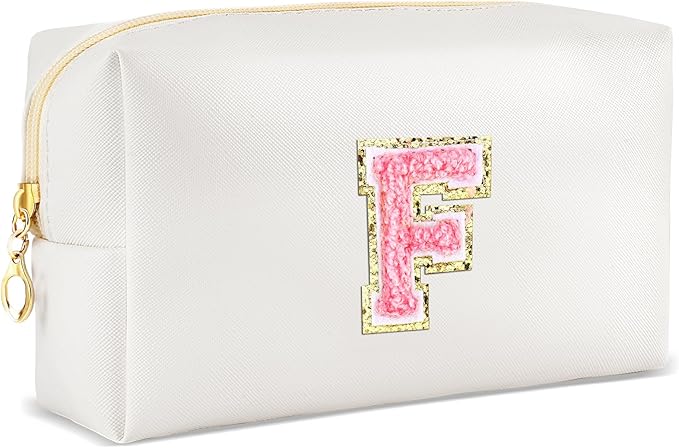 Initial Makeup Bag Personalized Preppy Travel Small Cosmetic Bag Cute PU White Chenille Letter Makeup Pouch for Purse Waterproof Zippered Toiletry Organizer for Women Girls Kids Friends (F)