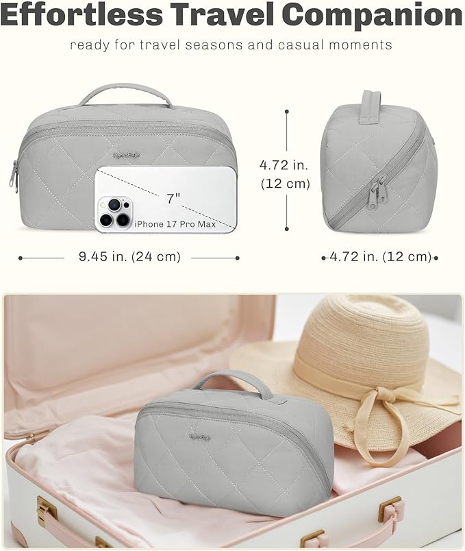 Hynes Eagle Travel Makeup Bag for Women Puffy Cosmetic Organizer Pouch Open Flat Toiletry Bag for Toiletries, Brushes Grey