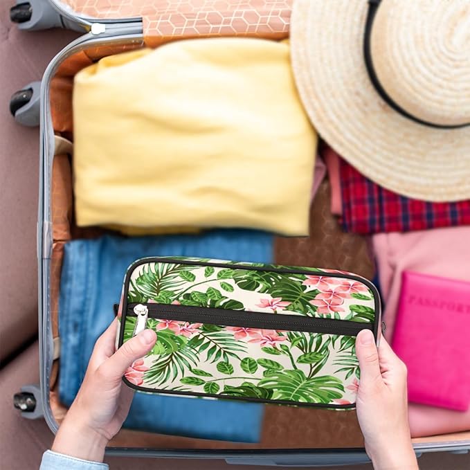Tropical Leaf Flower Travel Toiletry Bag for Women Men Lightweight Cosmetic Makeup Bag Organizer Waterproof Shaving Bag Dopp Kit with Large Capacity for Toiletries and Shaving Accessories