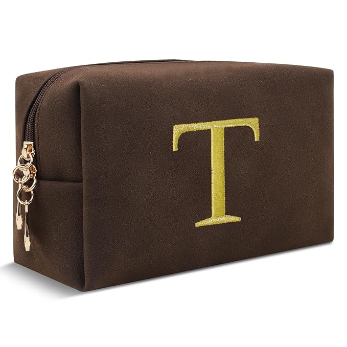 Personalized Initial Makeup Bag,Preppy Suede Cosmetic Bag for Teen Girls,Small Monogram Travel Toiletry Bag With Gold Embroidered Letter,Trendy Stuff Custom Christmas Gift for Women(Coffee-T)
