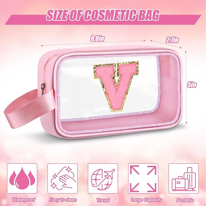 Initial Makeup Bag,Letter V Cute Clear Monogrammed Cosmetic Travel Bag for Womens Girls,Personalized Pink Aesthetic Traveling Make Up Organizer Bag for Beach,Waterproof Toiletry Bag