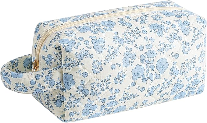 JOVAKIT Travel Makeup Bag Cosmetic Bag for Women, Christmas Gifts, Small Floral Flowers Coquette Toiletry Bag with Handle, Zipper Make Up Pouch Organizer Bag Trendy Stuff (Blue Floral)