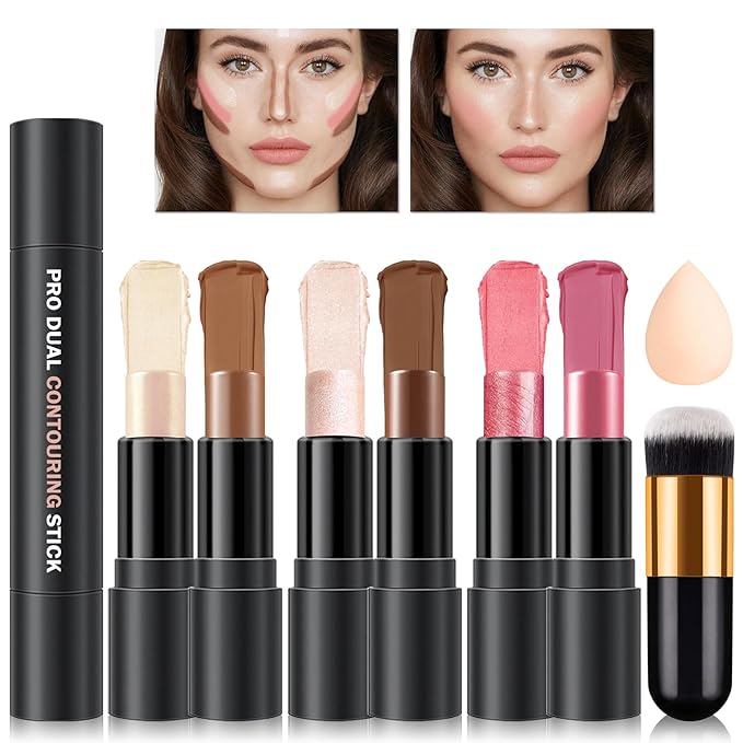 CAHIUYOA 6 Colors Cream Contour Stick Makeup Kit,Highlighter Makeup Stick,Bronzer Contour Stick and Blush Stick for Cheeks,Long Lasting Waterproof Face Highlighter Makeup Contour Kit (Set A)