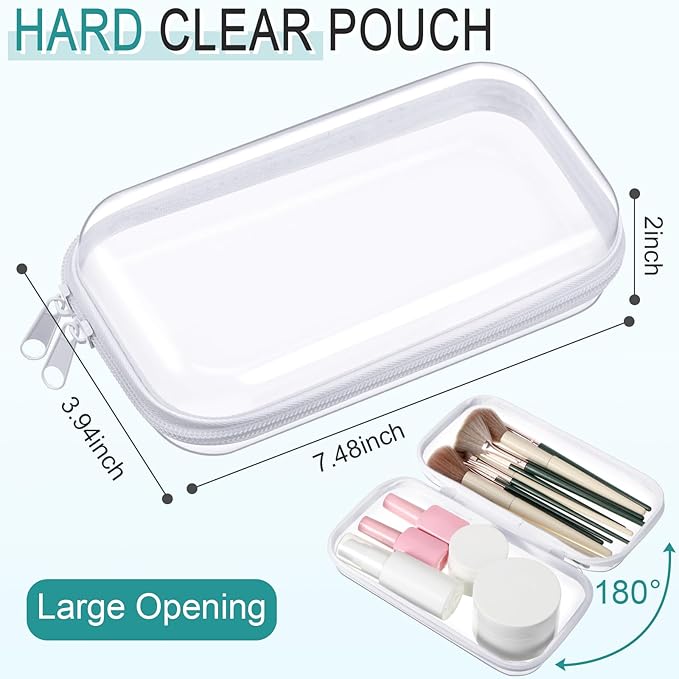Sanwuta 6 Pcs Clear Hard Zipper Case Hard Plastic Zipper Pouches Makeup Bag Pencil Pouches Transparent Cases for Snacks Plastic Storage Organizer Box for Travel(White,7.48 x 3.94 x 2 Inch)