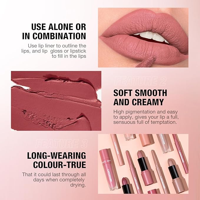 LANGMANNI 3 in 1 Matte Velvet Lipstick Set-Lip Liner,Lip Gloss and Lipstick Combo,Perfect for Natural Lip Contour,Waterproof And Longlasting Effect Lip Makeup,Unique Festival Gift (#06, Pack of 1)