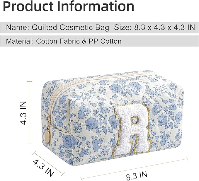 Gleyemor Personalized Initial Makeup Bag for Women, Cute Quilted Blue Floral Cotton Cosmetic Bag, Christmas Gifts for Her Mom Friend Sister Bridesmaid Teacher Women R