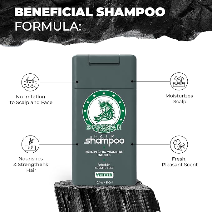 Bossman Hair Shampoo for Men – Natural Moisturizing Men's Shampoo with Keratin & Vitamin Pro5 Enriched - Paraben & Sulfate Free (Vetiver X Scent)