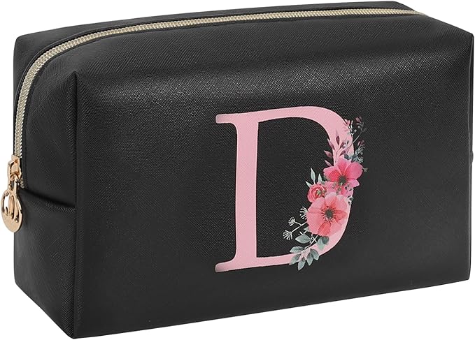 Personalized Initial Makeup Bag, Birthday Gifts for Women and Girls, Small Makeup Pouch Travel Toiletry Bag, Make Up Organizer Bag Gift Trendy Stuff for Friend Mom Teacher, Black