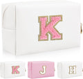 Personalized Initial Letter Patch Makeup Bag, Preppy Portable Chenille Letter Cosmetic Bag with Zipper, PU Leather Waterproof Travel Toiletry Bag Monogram Make Up Pouch for Women Girls(Letter K)