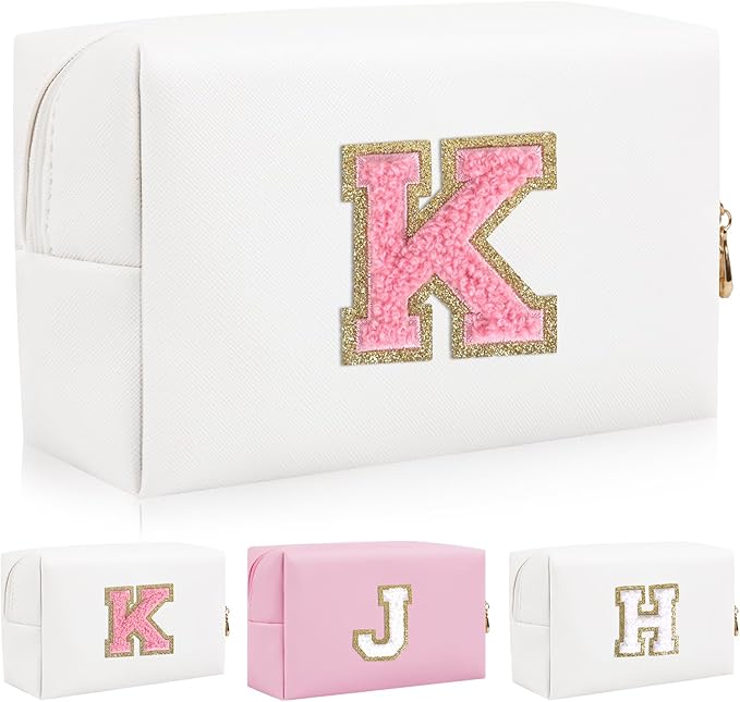 Personalized Initial Letter Patch Makeup Bag, Preppy Portable Chenille Letter Cosmetic Bag with Zipper, PU Leather Waterproof Travel Toiletry Bag Monogram Make Up Pouch for Women Girls(Letter K)